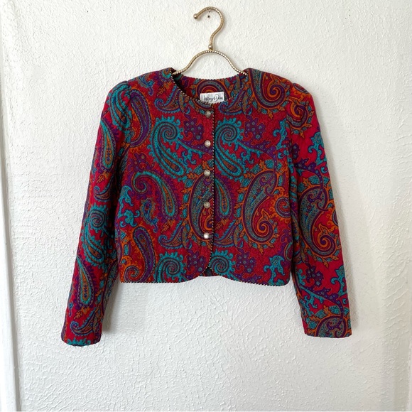 VTG 80’s/90’s Quilted Red Multicolor Paisley Print Cropped Bolero Jacket - Picture 3 of 16